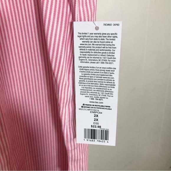 Lee Riders Pink Striped Button Up Sleeveless Blouse Tank Top 2XL - Picture 5 of 6